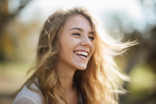 Uma bela jovem sorrindo divertidamente criada com IA generativa