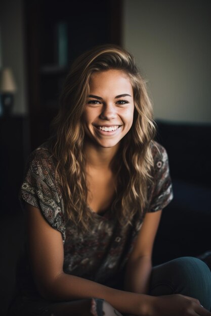 Uma bela jovem sorrindo e sentada em sua sala de estar criada com IA generativa