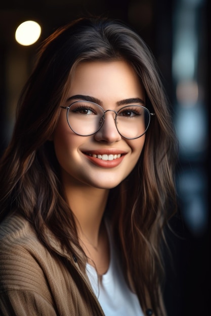 Uma bela jovem usando óculos e sorrindo com confiança