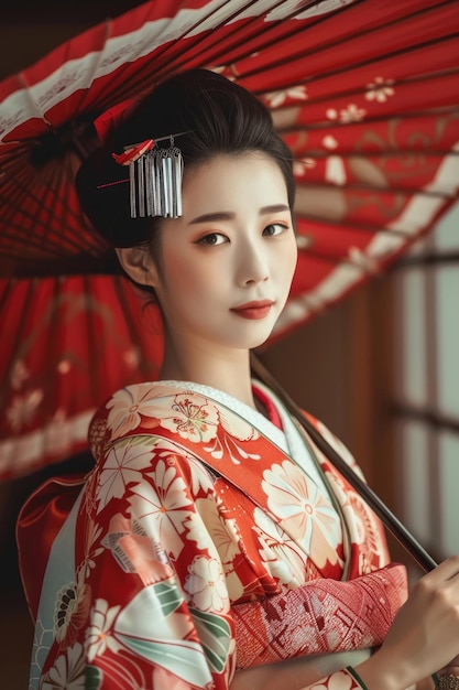 Uma bela jovem vestida de kimono praticando costumes tradicionais japoneses