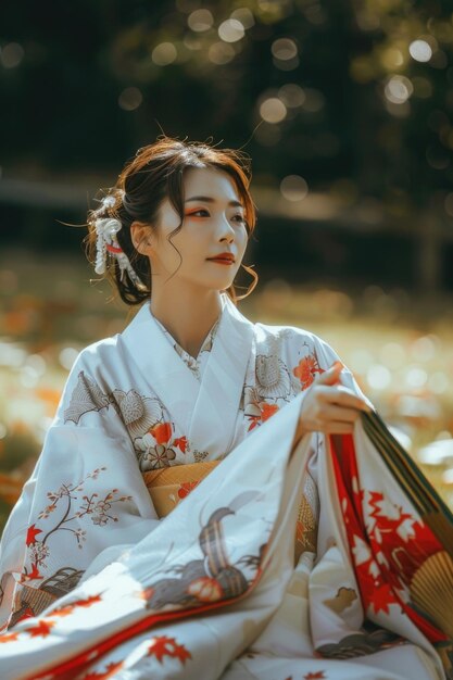 Uma bela jovem vestida de kimono praticando costumes tradicionais japoneses