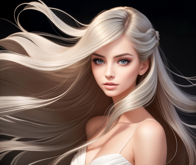Uma bela loira com longos cabelos desgrenhados pelo vento