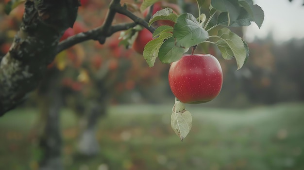 Foto uma bela maçã vermelha e crocante está pendurada num ramo de árvore num pomar. a maçã está perfeitamente madura e pronta para ser colhida.