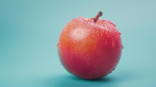Uma bela maçã vermelha madura com gotas de água na sua pele A maçã está contra um fundo azul sólido