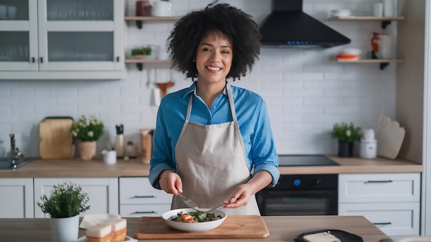 Foto uma bela mãe com uma camisa azul e avental está preparando o jantar em casa, na cozinha.