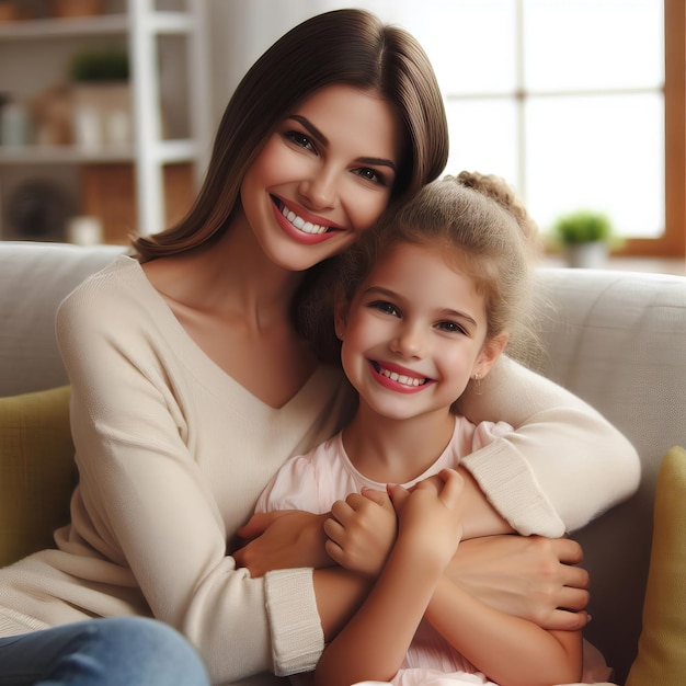 Uma bela mãe e filha estão abraçadas e sorrindo enquanto estão sentadas no sofá em casa.