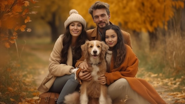 Uma bela mãe morena de casacos beige abraça seu filho perto do cão vermelho Akita inu uma IA generativa