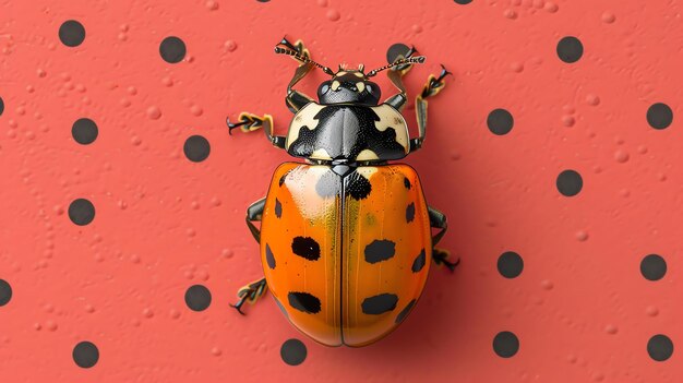 Uma bela mariposa laranja senta-se em um fundo vermelho com pontos polka pretos A mariposa tem as asas fechadas e está voltada para o espectador