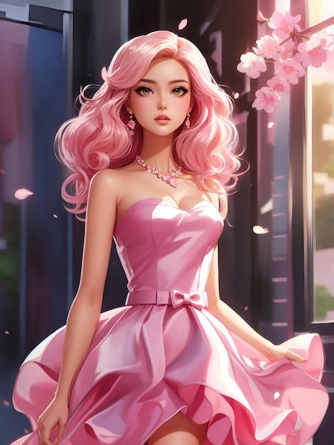 Uma bela menina Barbie com penteado elegante com vestido rosa