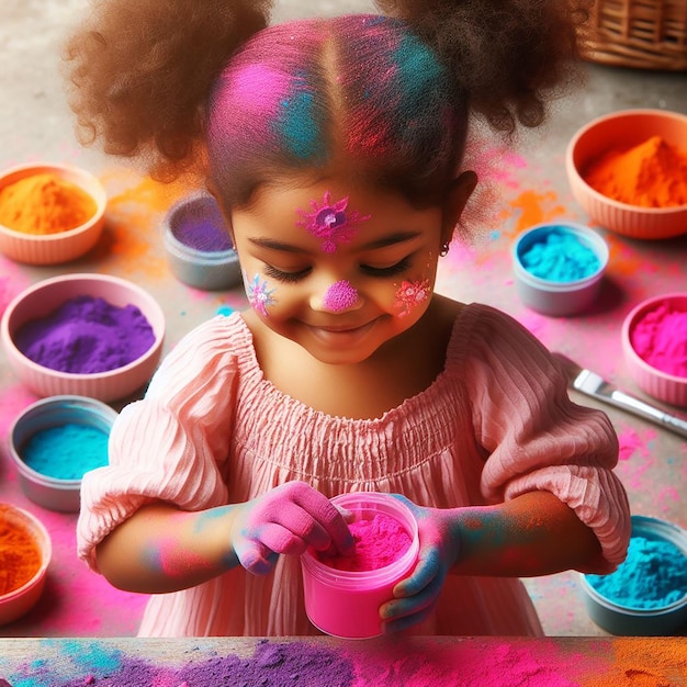 Foto uma bela menina brinca com muitas cores em pó no feliz holi