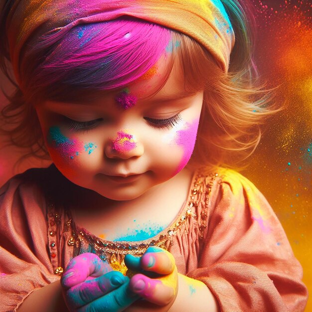 Foto uma bela menina brinca com muitas cores em pó no feliz holi