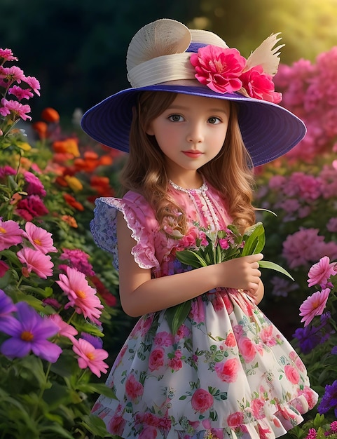 Uma bela menina com um chapéu de flores na cabeça e um belo fundo