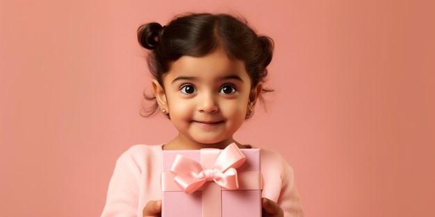 Uma bela menina indiana felizmente surpreendida com um presente em suas mãos com um fundo rosa