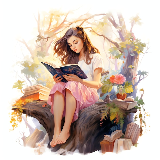 Uma bela menina lendo em um jardim caprichoso com livros crescendo em árvores clipart aquarela