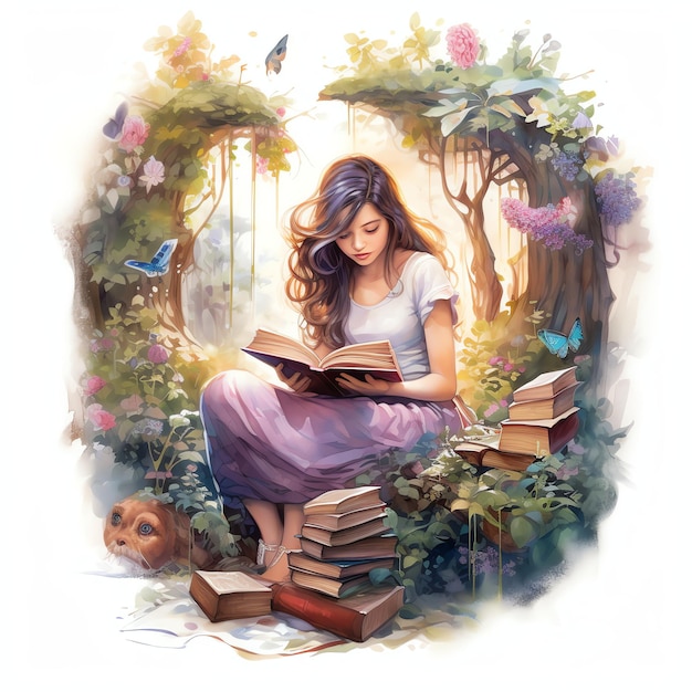 Uma bela menina lendo em um jardim caprichoso com livros crescendo em árvores clipart aquarela