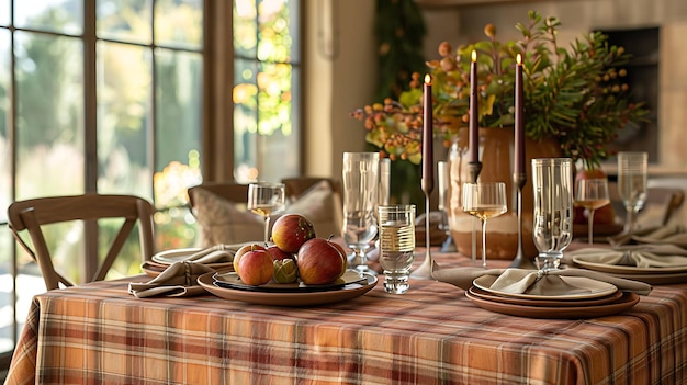 Uma bela mesa com uma toalha de mesa a quadros e pratos castanhos Há maçãs velas e flores na mesa