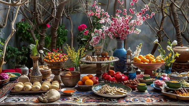 Uma bela mesa com uma variedade de alimentos e flores