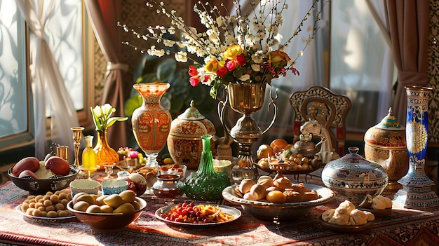 Uma bela mesa com uma variedade de alimentos, incluindo frutas, legumes e nozes. Há também um vaso de flores no centro da mesa.