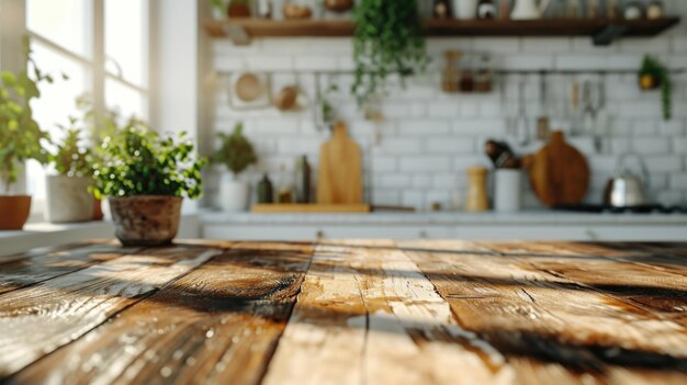 Uma bela mesa de madeira com plantas em vaso vibrantes