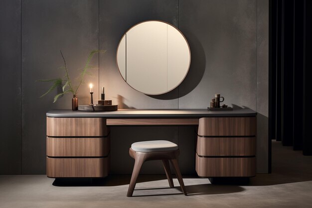 Uma bela mesa de madeira de maquiagem moderna com fundo sólido de espelho