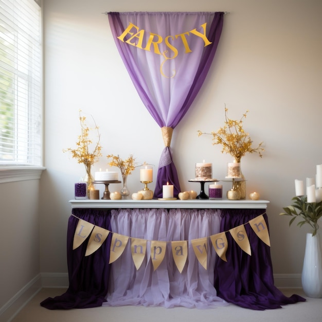 Uma bela mesa decorada com um tema roxo e dourado