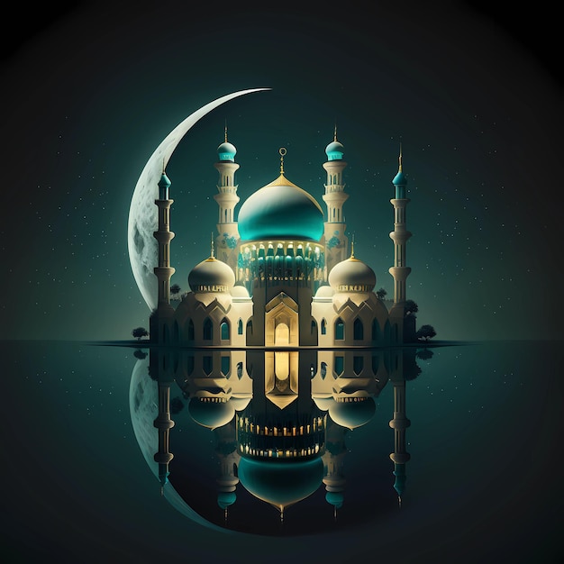 Uma bela mesquita à noite com uma lua