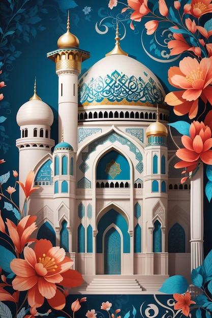 Uma bela mesquita cercada por flores coloridas e céu azul claro