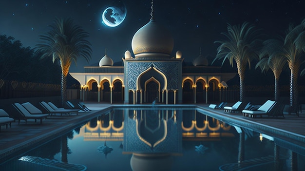Uma bela mesquita com fundo noturno