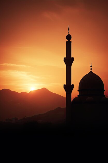 Foto uma bela mesquita contra um pôr-do-sol à noite