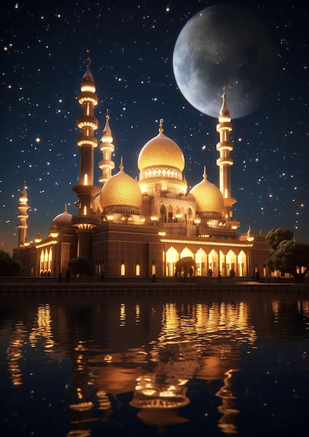 Uma bela mesquita islâmica com céu noturno estrelado