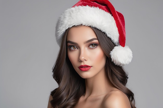 Uma bela modelo feminina usa um chapéu de Papai Noel.