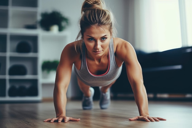 Uma bela morena a fazer flexões em casa.