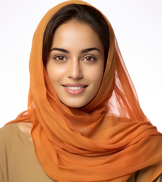 Uma bela muçulmana indiana vestida modestamente para o verão, seu sorriso sereno refletindo a paz interior