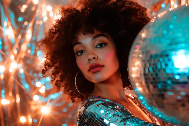 Foto uma bela mulher afro a divertir-se segura uma bola de discoteca.