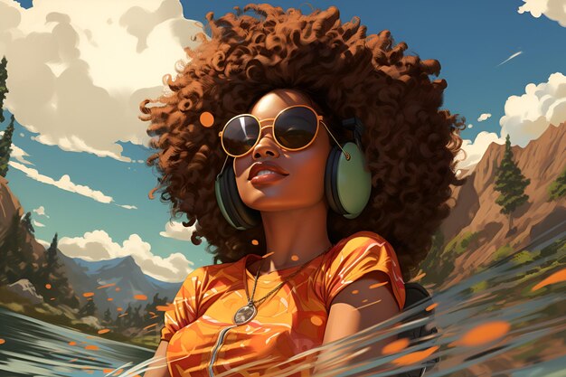 Foto uma bela mulher afro-americana com roupas brilhantes, óculos e fones de ouvido desfruta de suas férias.