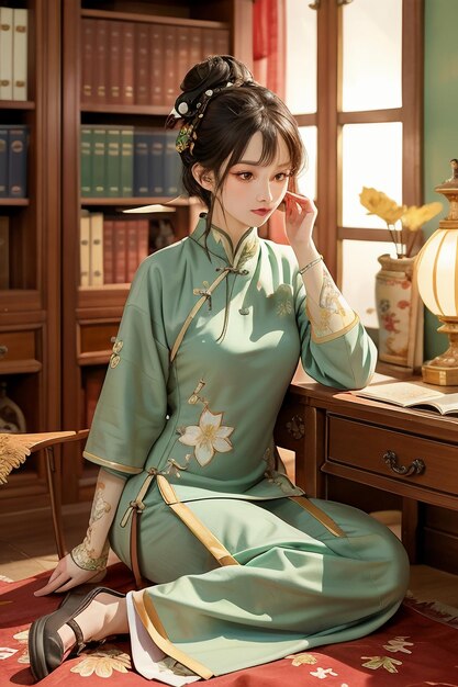 Uma bela mulher antiga de chinês verde Hanfu cheongsam lendo um livro no escritório