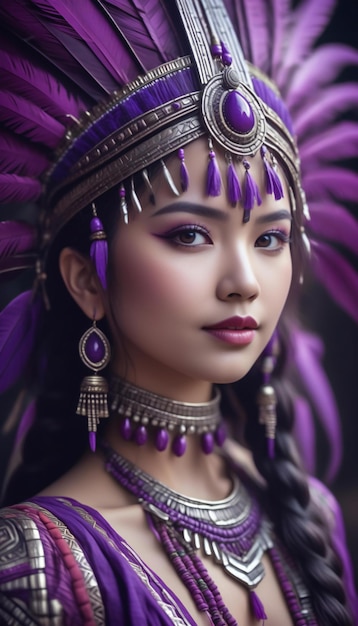 Uma bela mulher asiática com um chapéu indiano nativo americano.