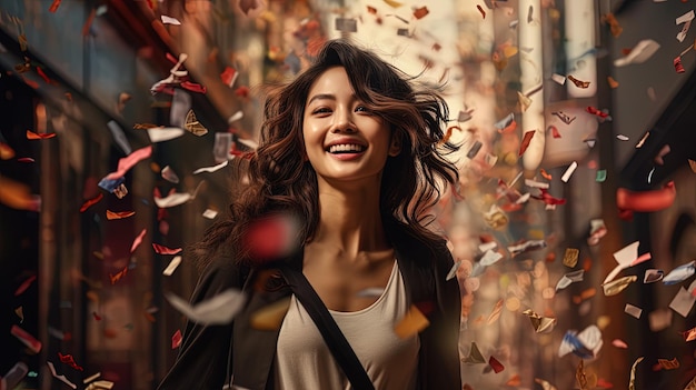 uma bela mulher asiática sorrindo ela vestida casualmente para fazer compras com sacos de compras em sua mão