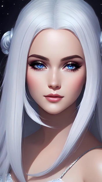 Uma bela mulher com cabelos longos e brancos e olhos azuis.
