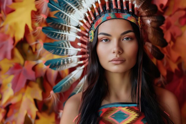 Uma bela mulher com chapéu nativo posando na frente de folhas