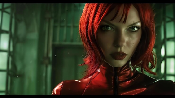 Foto uma bela mulher confiante com cabelos vermelhos curtos e olhos verdes está vestindo uma roupa de couro vermelho
