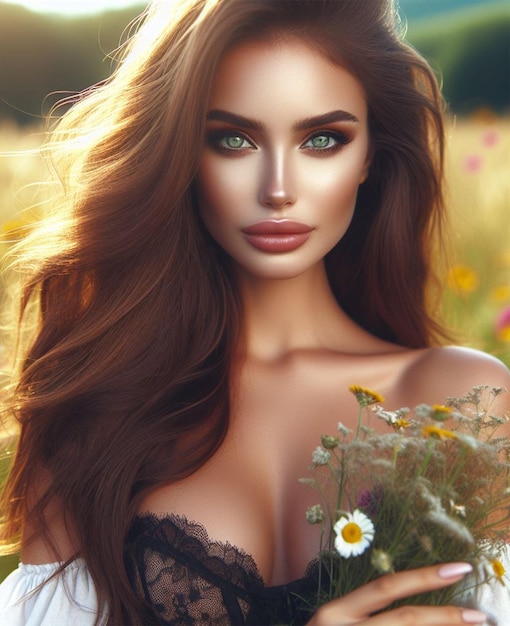 Uma bela mulher de olhos claros no meio de um campo florido