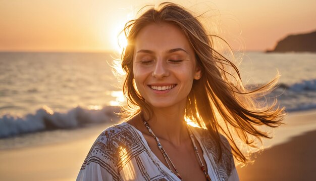 Uma bela mulher de pé no topo de uma praia ao lado do oceano