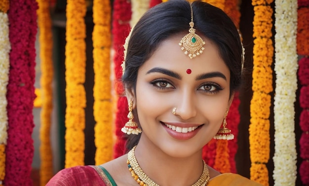 Uma bela mulher do sul da Índia a sorrir.