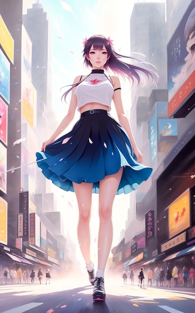 Uma bela mulher em estilo anime caminhando pelas ruas da metrópole.