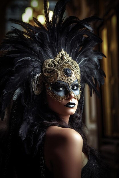 Foto uma bela mulher escura usa uma elegante máscara de carnaval.