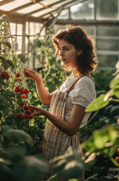 Foto uma bela mulher está apanhando vegetais em uma estufa