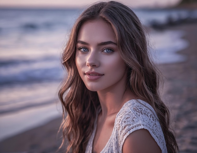 Foto uma bela mulher está na praia