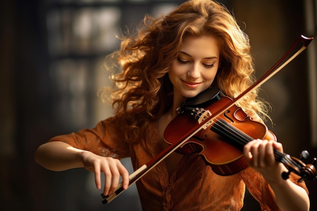 Uma bela mulher feliz a tocar violino.