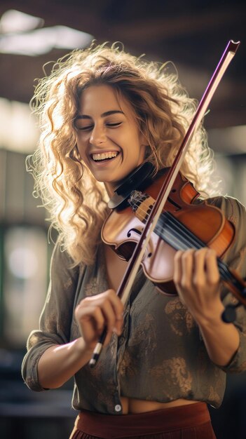 Uma bela mulher feliz a tocar violino.